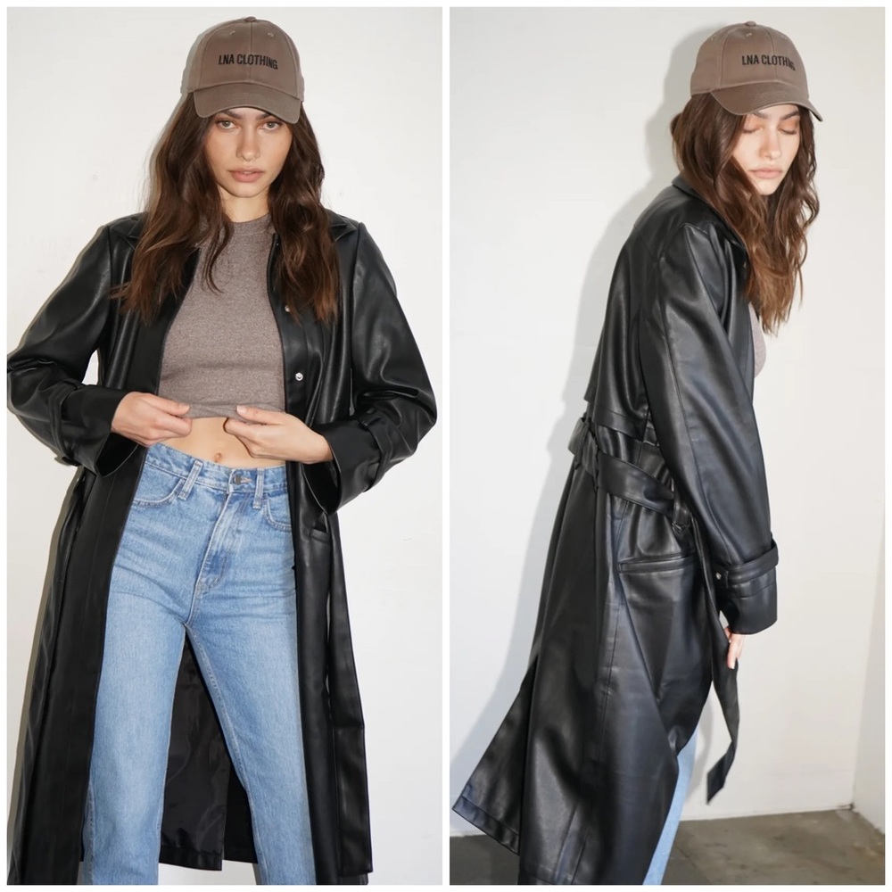 LNA Koa Vegan Leather Trench Coat Black Belted Waist Size Small NWT